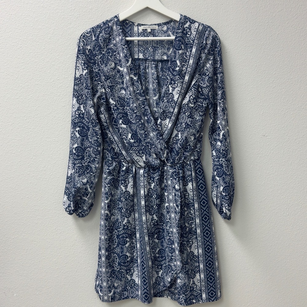 Charlotte Russe‎ Paisley Mini Dress M Blue White Boho Wrap Festival Geometric